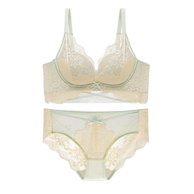 Less sexy lace, no steel rim, small breasts show big upper support, gather anti-sagging bra set