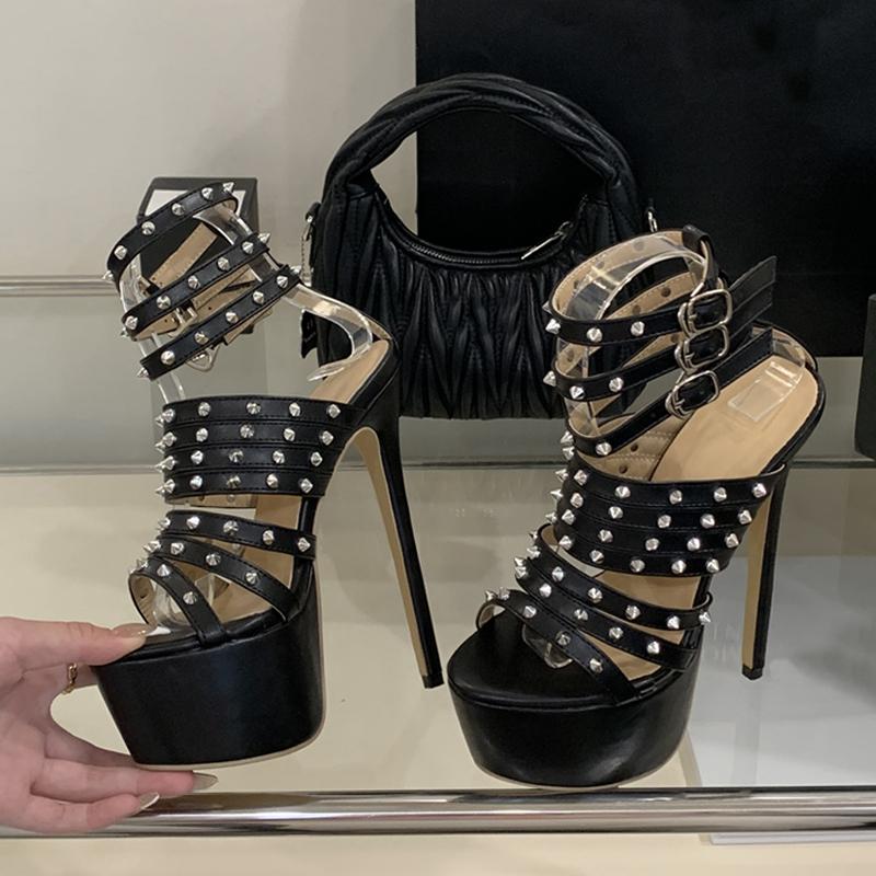 Fashion Liyke Punk Style Metal Rivets Ankel Strap 16CM Super High Heels Platform Sandals Women Sexy Peep Toe Club Strip Pole Dance Shoes