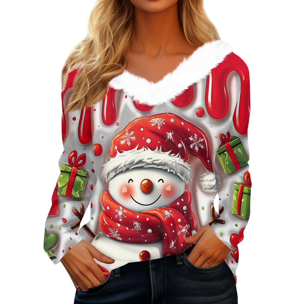 Women's Christmas Printed Long Sleeved Party Plush Neck V-neck Top