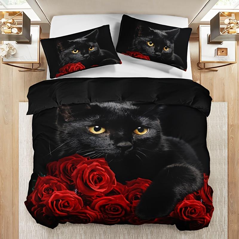 Black Cat Rose Print Bedding Set Includes 1 Duvet Cover And 2 Pillowcases Breathable Polyester Perfect For All Seasons
