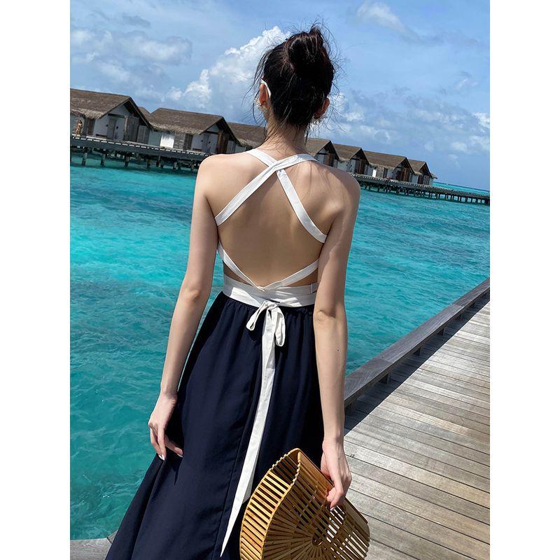 

Санья Пляжный Отпуск Пляжная Юбка Мода Приталенный Стройнящий Платье на Бретелях Спагетти Открытая Спина Халтер Бандажное Платье Длинная Юбка для Женщин Azure Blue M