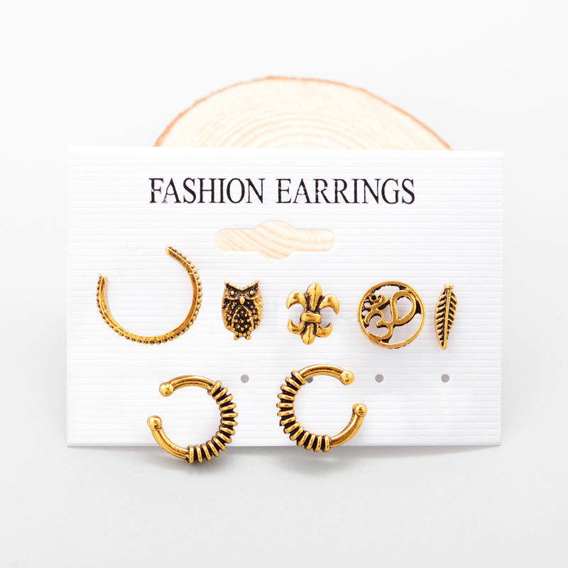 Stud Earrings Bohemian Retro Anchor Leaf Owl Set Earrings Seven-Piece Set Earrings