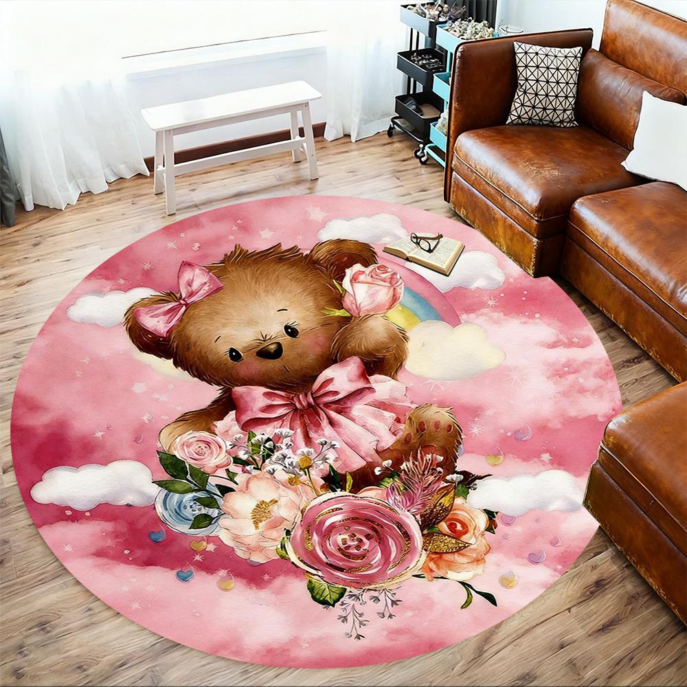 1pc Bear Flowers Round Chair mat office Area Rug - Non-Slip, Floor Mat for Office, Bedroom, and Indoor Decor p127297