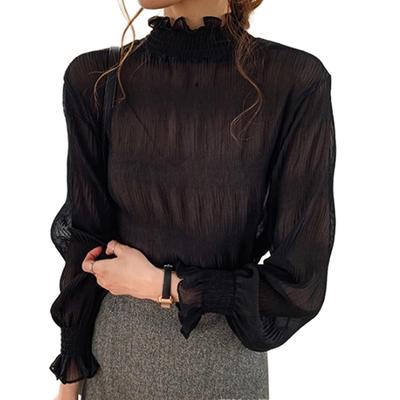 Petite Průsvitný top s vysokým výstřihem a dlouhým rukávem, tylová sexy halenka s krajkou, průsvitné vrstvení, zimní volný [fourfivesix Haru] Vnitřní, Průsvitné vrstvení,
