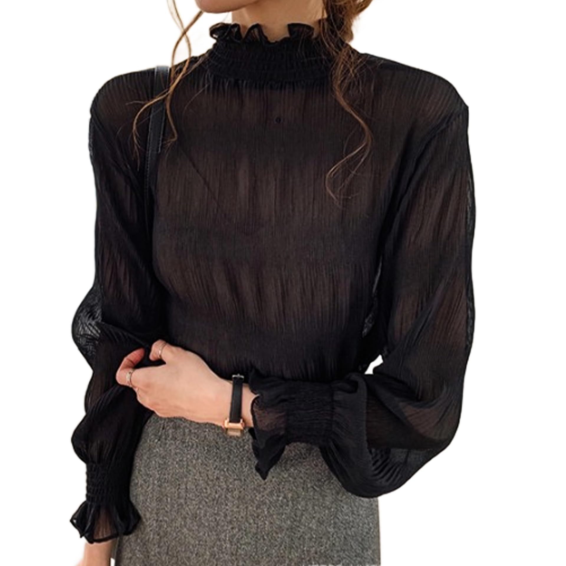 

Маленький прозрачный топ с высоким воротом и длинным рукавом, тюлевая сексуальная блузка с кружевом, прозрачный плиссированный зимний свободный [fourfivesix Хару] Внутренний, Прозрачный для многослойности,