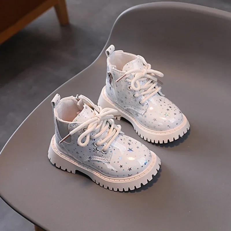 Children's Autumn Boots Thick Bottom Girls Princess Causal Platform Ankle Boots Fashion Glossy PU Kids Non-slip Short Boots Soft