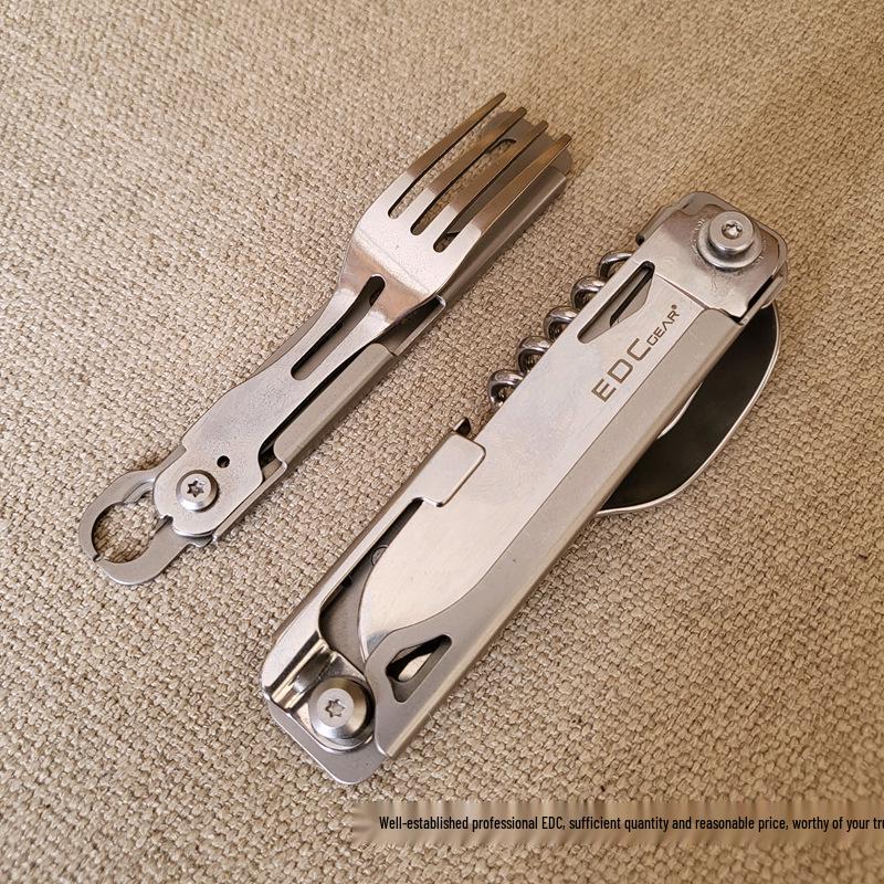 Portable Multifunctional Stainless Steel Folding Cutlery Set with Fork, Spoon, Knife, & Bottle Opener