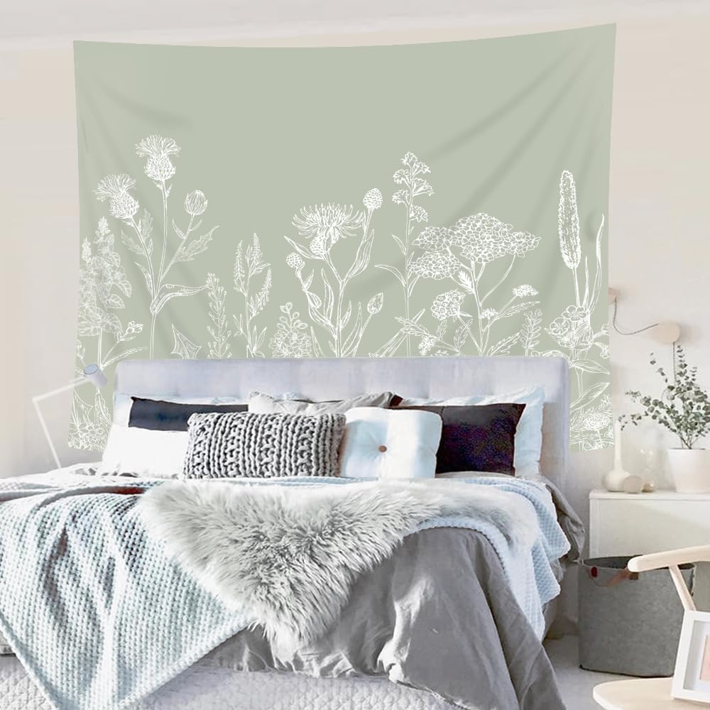 Sage Green Floral Wildflower Tapestry Flowers Plants Botanical Botany Spring Herbs Wall Hanging Natural Watercolor Home Dorm