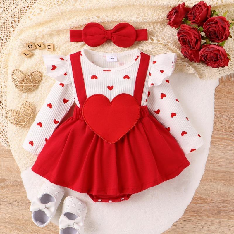 Høstbaby jenter Valentinsdag Kjole 3M 6M 9M 12M 18M Langermet Ruffle Heart Bokstavtrykk jumpsuits med pannebånd