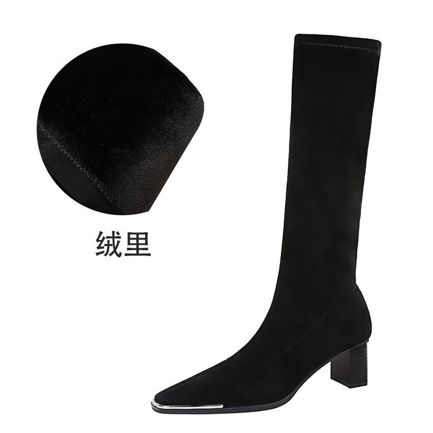 

Стильные и простые толстые каблуки с квадратным металлическим ботинком, замшевые сексуальные и тонкие высокие сапоги 40