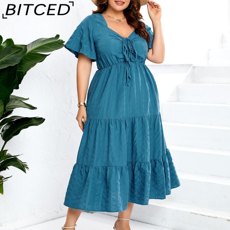 BITCED V-Neck High-Waisted Long Dress Short-Sleeve Plus Size Dress