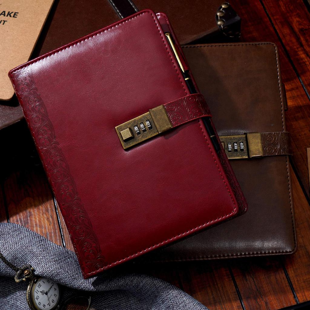 CAGIE System Planner A5 Lockable Notebook Antique Diary with Business Card Gift for School Waterproof PU 230 x Red Lock, Loose-leaf, 6-ring Ring,
