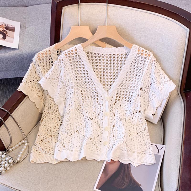 Women's French V-Neck Crochet Knit Cardigan - Chic Summer Fashion, Slimming Loose Fit, Versatile Top