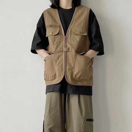 Unisex ležérní vesta bez rukávů s mnoha kapsami design vesta kabát zip knoflíky zapínání bunda cargo