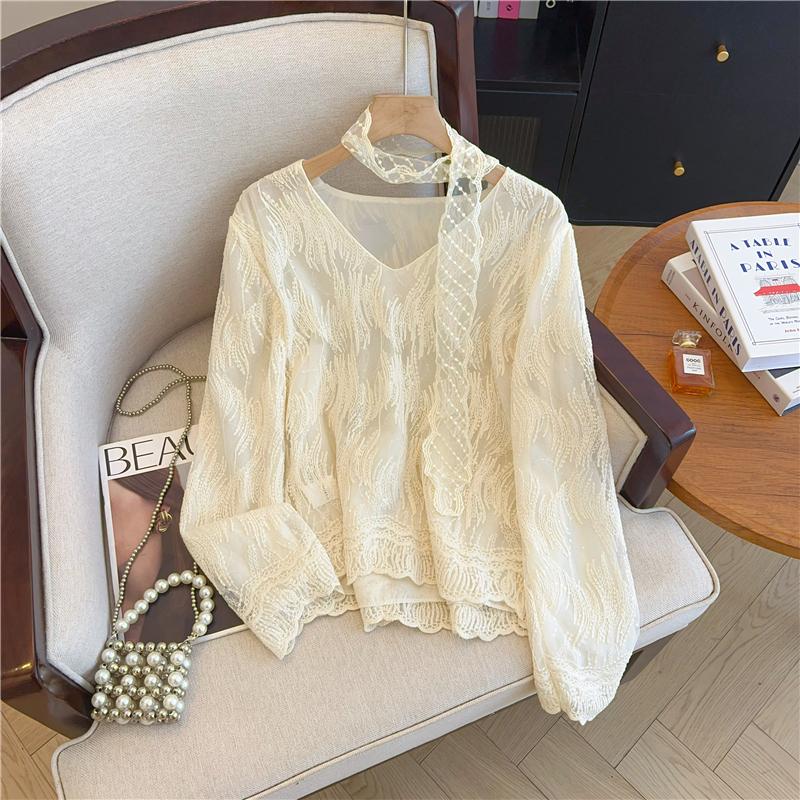 

Модная женская кружевная рубашка с V-образным вырезом и длинным рукавом 2025 года, весна-осень, свободная, новая, элегантная, с ленточным воротником, однотонная, повседневная, простая верхняя одежда 3139 XL абрикосовый