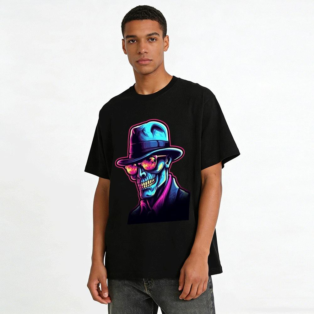 Neon Skull Gentleman Print Cool Casual Short Sleeve T-Shirt Pure Cotton T-shirt