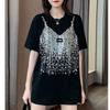 New Summer Fashion Trend Loose Fitting Casual Personality Hot Diamond Round Neck Mid Length Oversize Short Sleeved T-shirt