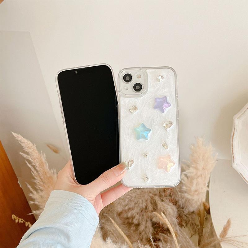 Small Fresh Ins Style Mobile Phone Case for Apple 17Pro Colorful Five-Pointed Star for IPhone16 Rhinestone Gemstone Precision Hole