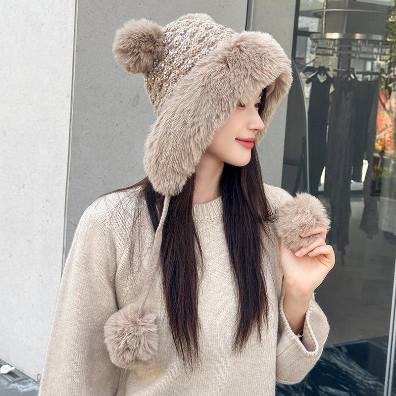 Thickened and Velvet Warm Hat, Winter Double-layer Outdoor Ear Protection, Cold and Windproof Knitted Hat, Women's Wool Hat