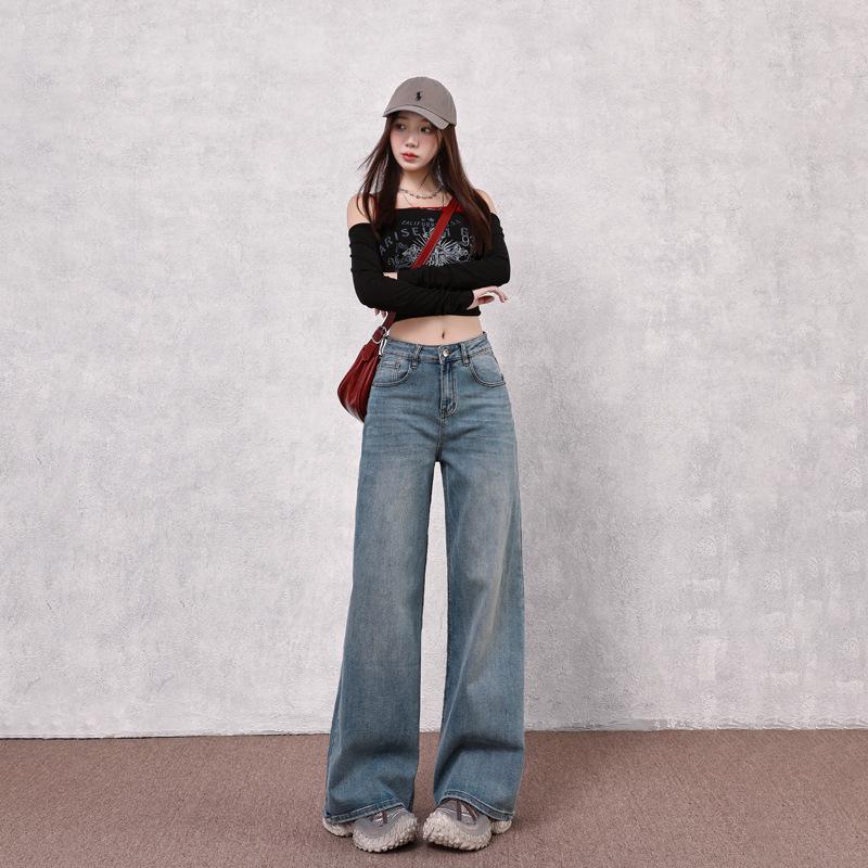 

Women s High Waist Retro Wide Leg Stretch Jeans - Light Luxury Texture XL