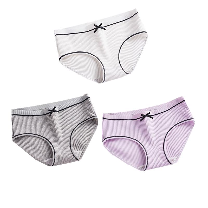 3Pcs Cotton Underwear Women Seamless Briefs Bowknot Stripes Underpants Breathable Mid-Waist Briefs for Female