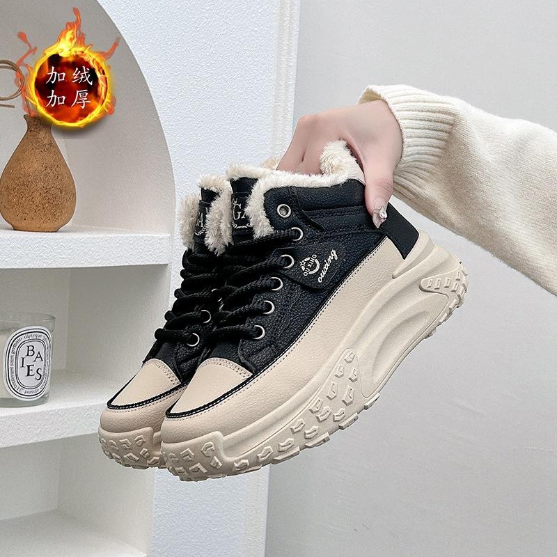 Women Ankle Boots Winter Waterproof High-top Shoes Non-slip Plush Warm Boots Ladies Lace-up Outdoor Hiking Sneakers Flat Botas