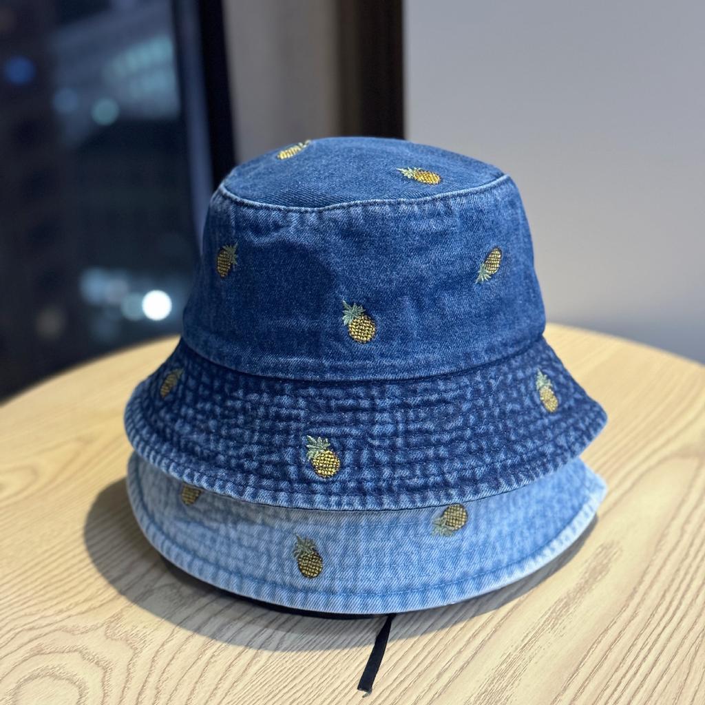 Spring and summer new pineapple embroidered denim fisherman hat for women, washed vintage outdoor versatile sun protection bucket hat