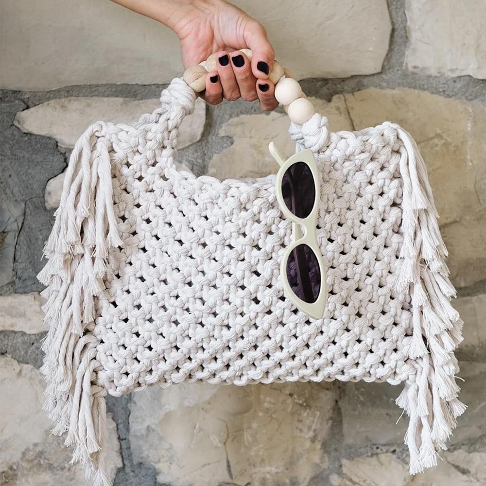 Female Tote Bags Large Capacity Luxury Designer Handbag For Women  Knitting Tassel Beading Decorate Purse Ladies Beach Bag