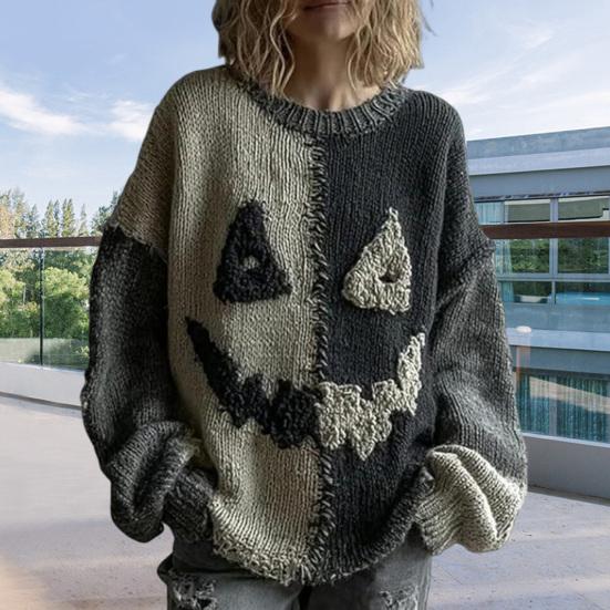 Halloween Spooky Face Sweater for Women Patchwork Print Knit Sweater Top Long Sleeve Crewneck Stitched Fall Outfit