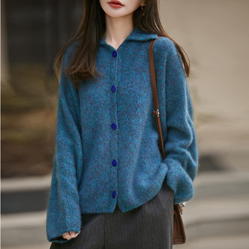 Women's Heather Yarn Polo Collar Cashmere Wool Blend Cardigan - Thick, Long Pile, Plush, Warm, Perfect for Autumn and Winter
