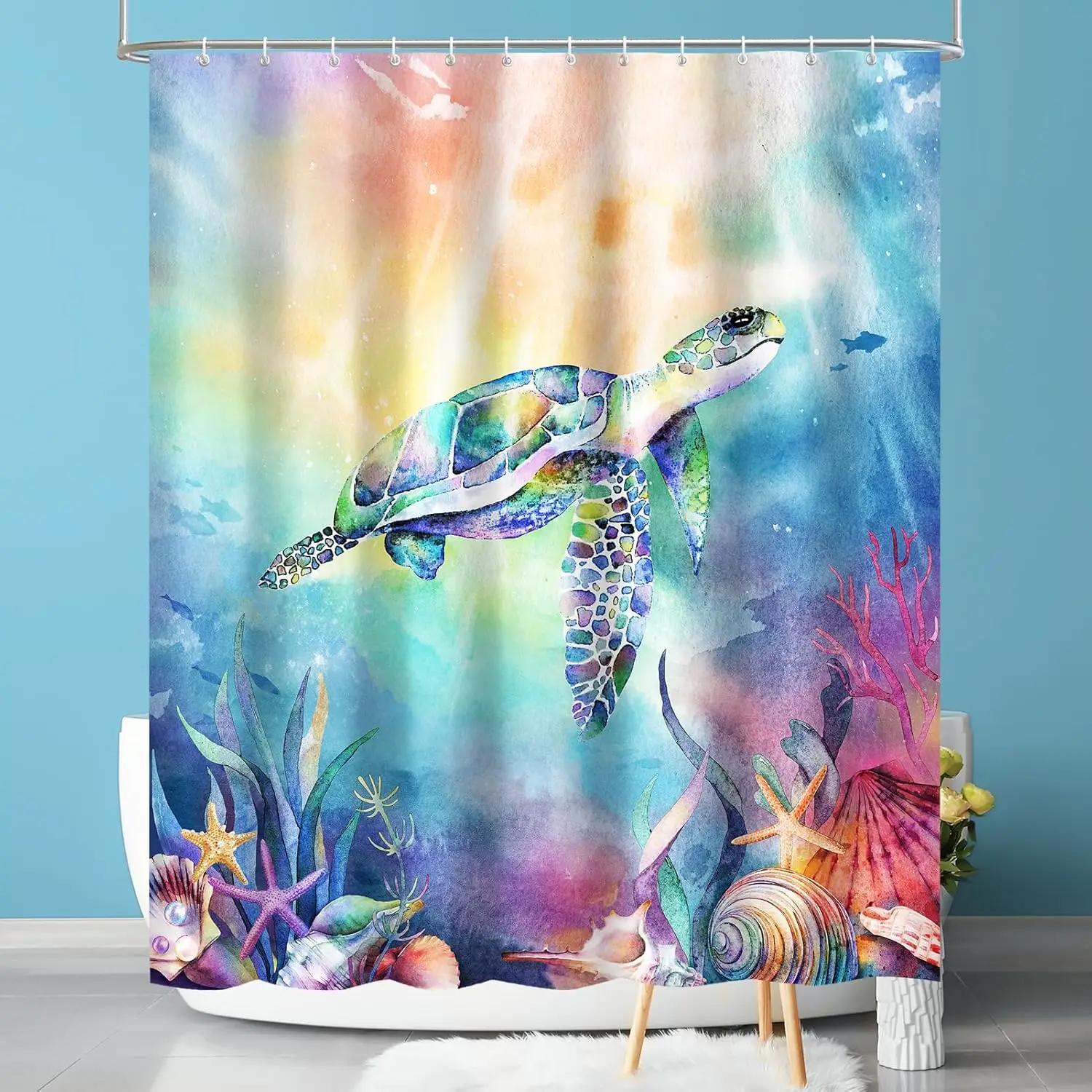 

Blue Turtle Shower Curtain Waterproof Polyester Fabric Bathroom Decorative Shower Curtain With 12 Hooks Ocean Bathroom Curtain W60H190(CM)-1 Pcs