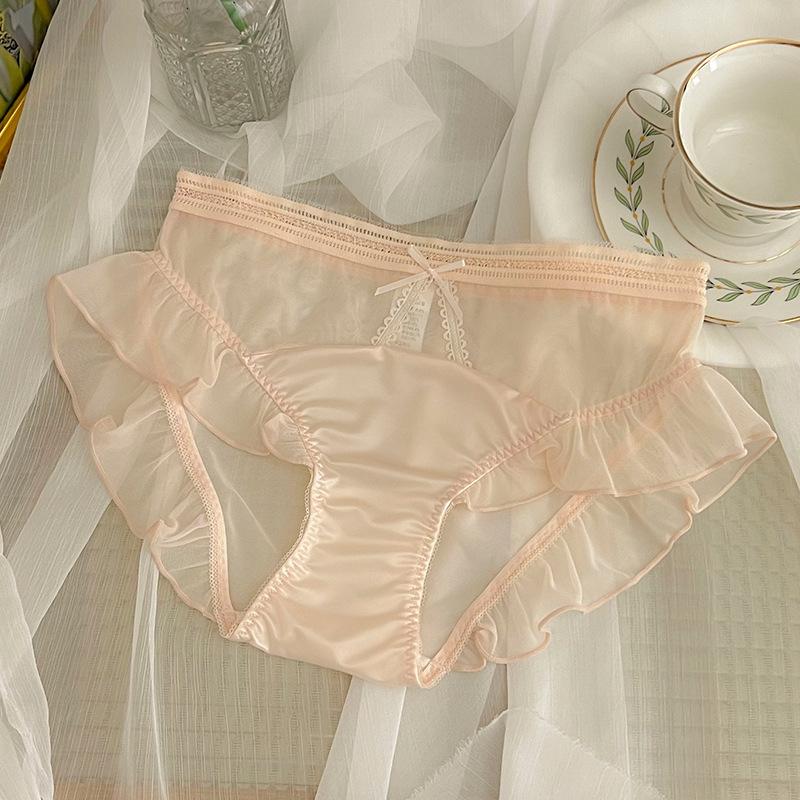 Ladies Spring and Summer Cute Sexy Sweet Lace Patchwork Ice Silk Gauze Mid Waist Panties