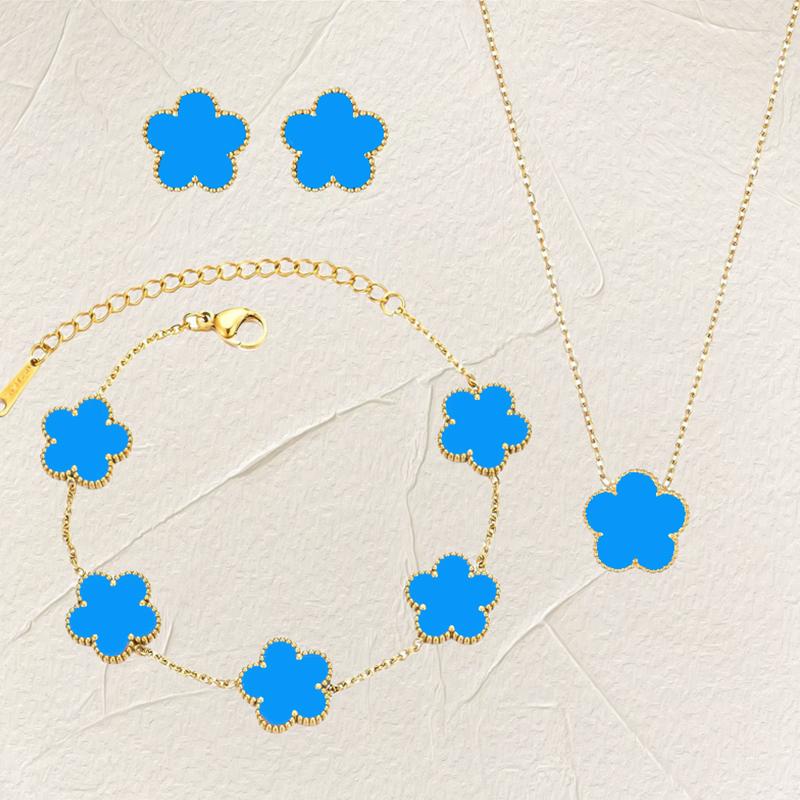 Luxury Zircon Set for Women copper Color Chain Stainless Steel Double Sided Five Leaf Flower Necklace Earrings Bracelet Clover