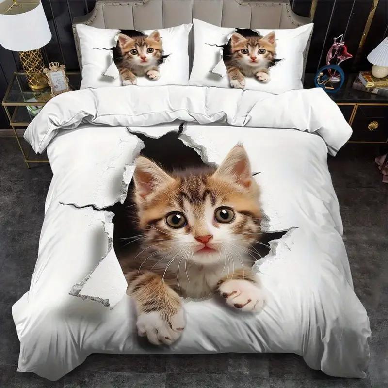 Comforter Cute Cat 3Pcs 3D Digital Printed Soft Comfortable Breathable Bedding Set For Bedroom Dorm