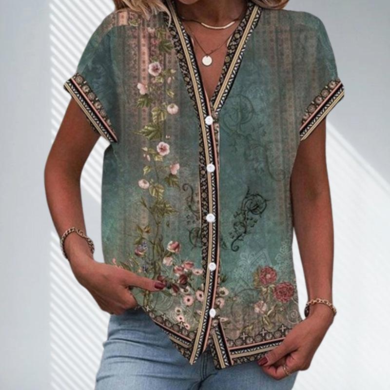 2025 Retro Ethnic Print V-Neck Dolman Sleeve T-shirt