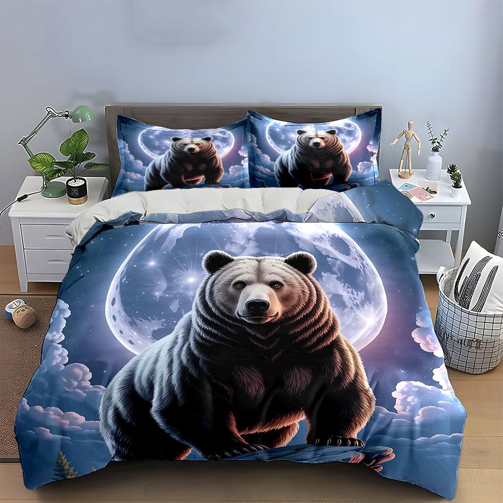 Bear Under Full Moon Night Bedding Duvet Cover Set Duvet Cover Pillowcases (1*Duvet Cover 2*Pillowcases, without duvet insert)