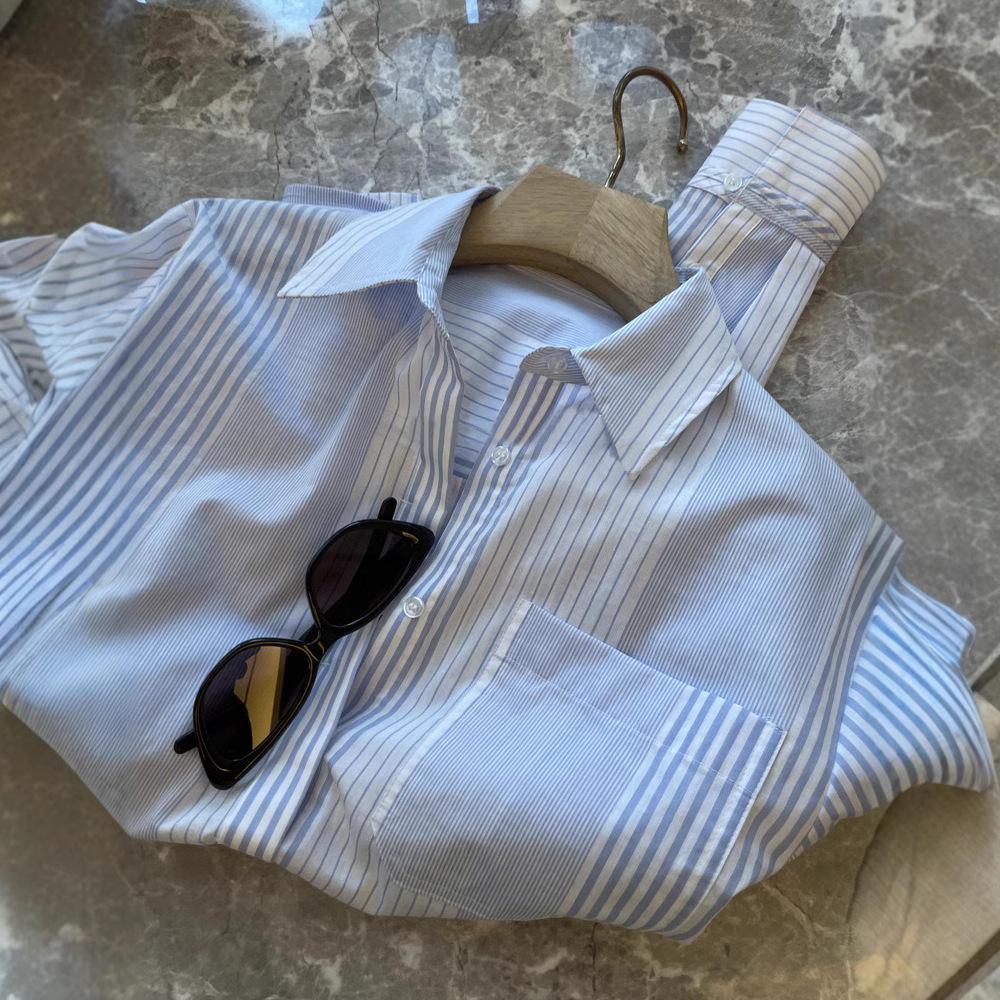 High-End Minimalist Striped Long-Sleeve Turn-Down Collar Shirt for Women