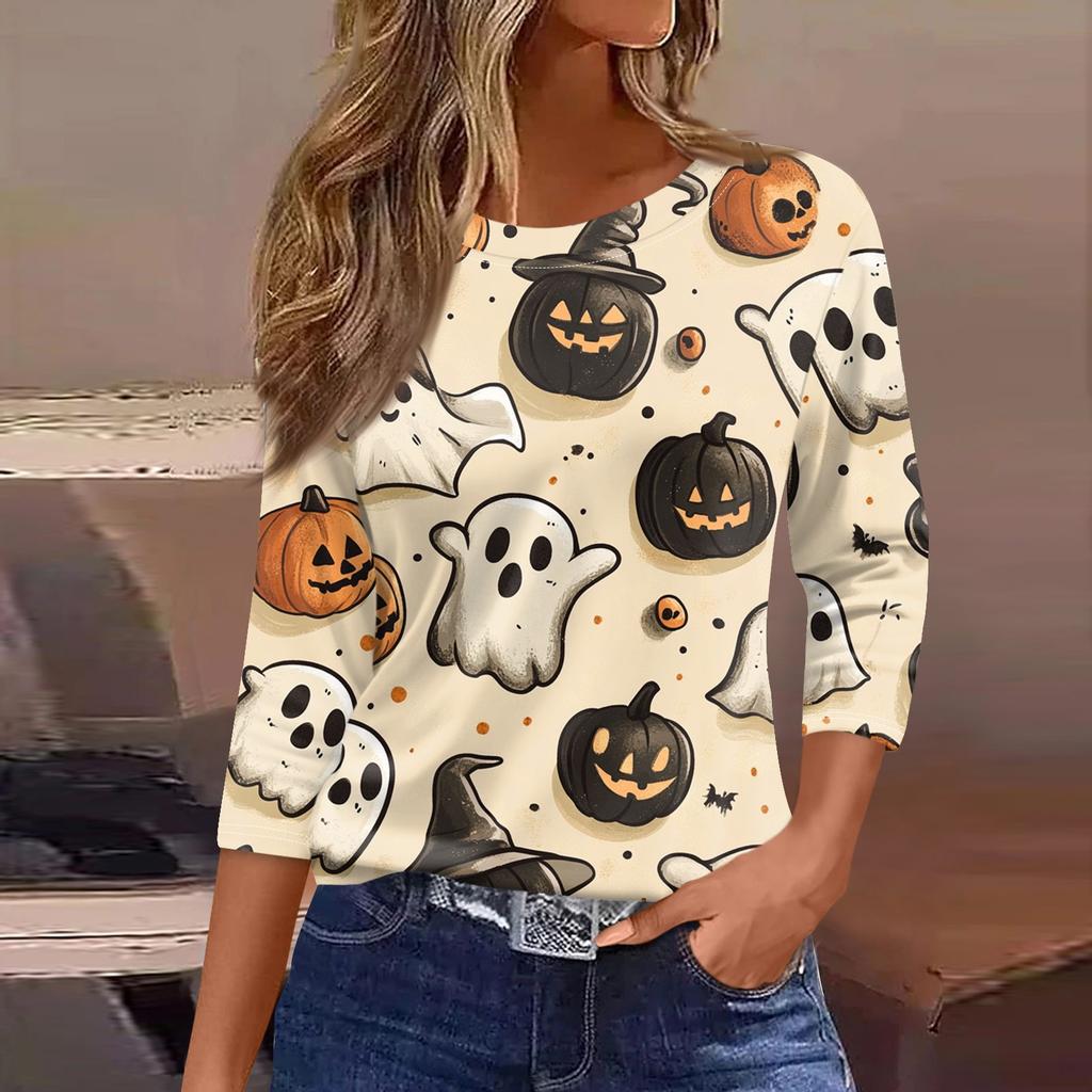 Damen T-Shirt, modisch, lässig, Rundhalsausschnitt, 3/4-Ärmel, lockeres bedrucktes T-Shirt, Damenoberteil