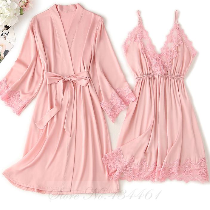 Black Lace Trim 2PCS Robe Nightgown Set Spring Summer Women Sleepwear Nightdress Sexy Bathrobe Underwear Loose Satin Home Wear