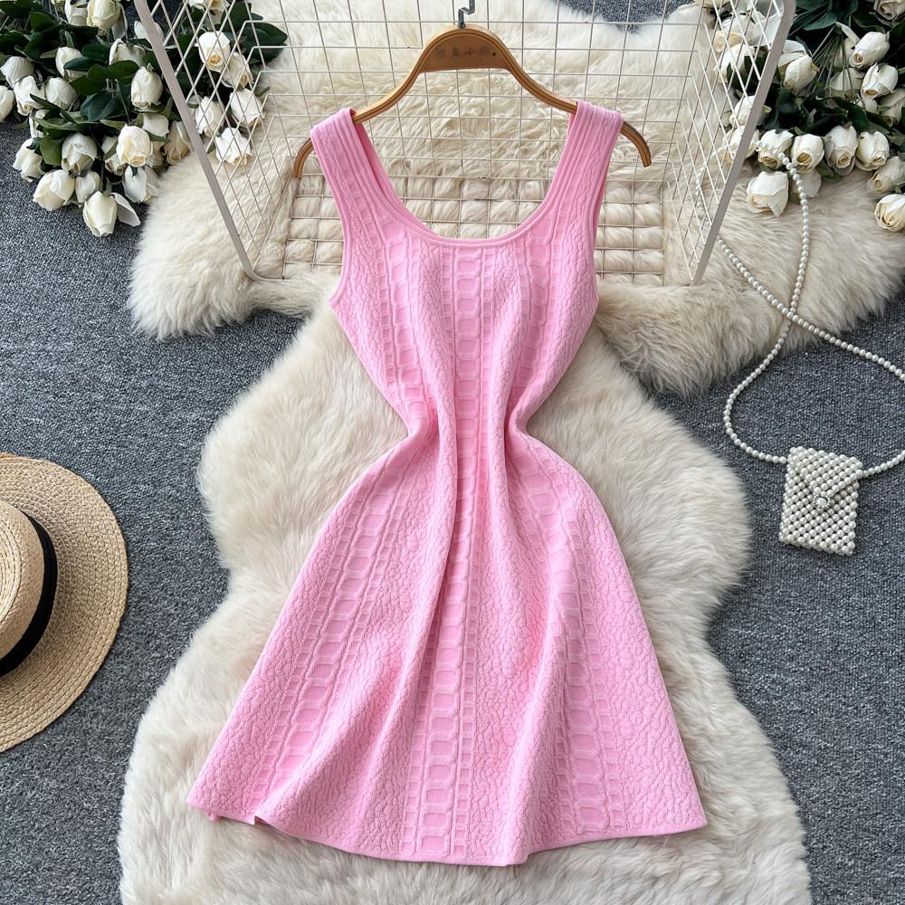 French light luxury pink sleeveless A-shaped dress women's summer high waist and thin versatile temperament commuter dress