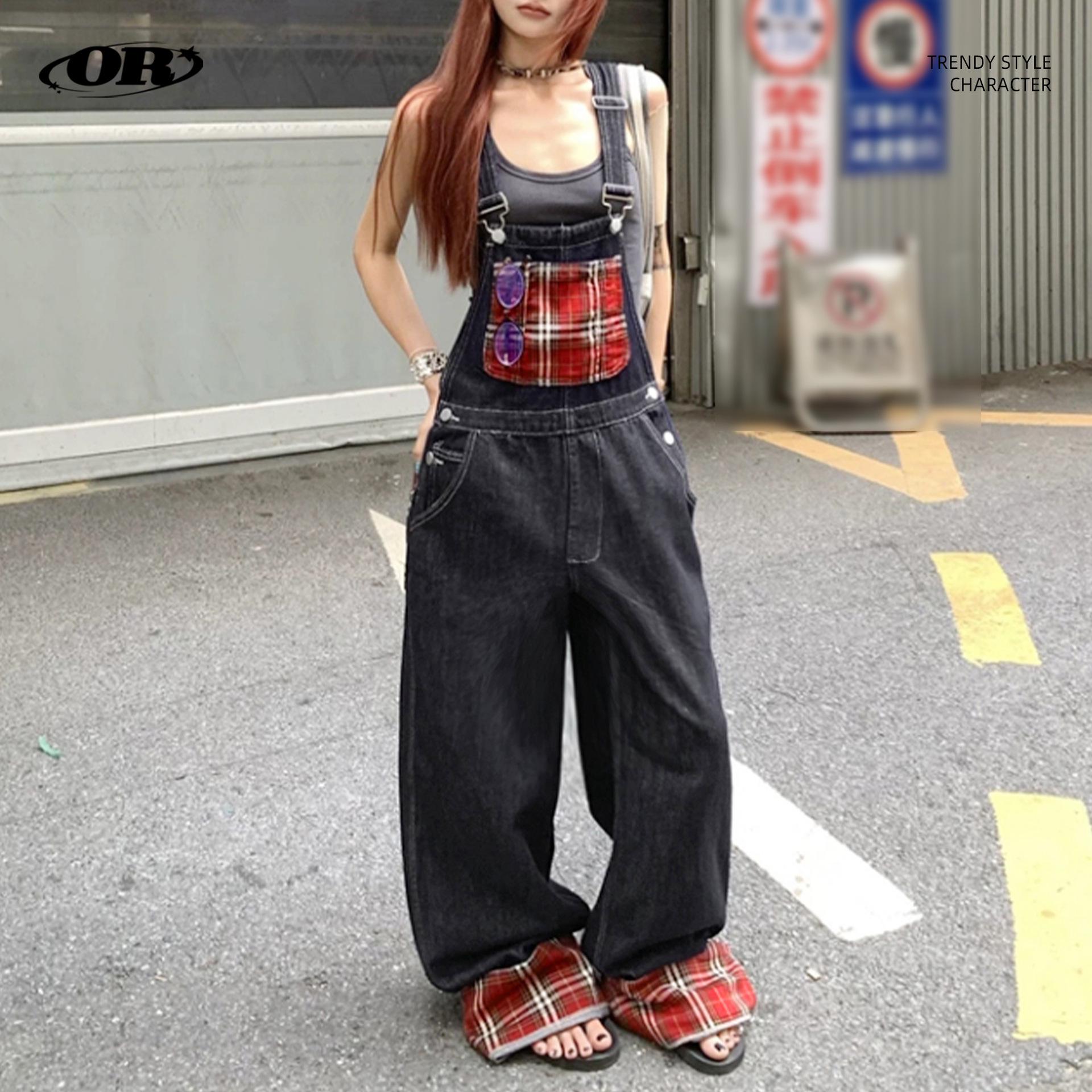 

OREETA American Retro Plaid Patchwork Denim Overalls for Men - Trendy High Street Design Jeans Small чорний