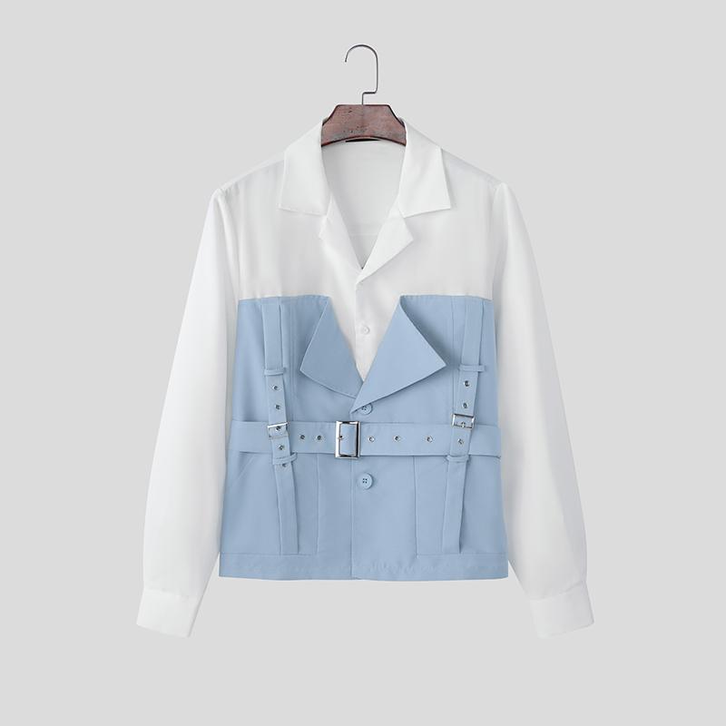 INCERUN Men Lapel Neck Patchwork Hit Color Long Sleeve Casual Shirts Tops