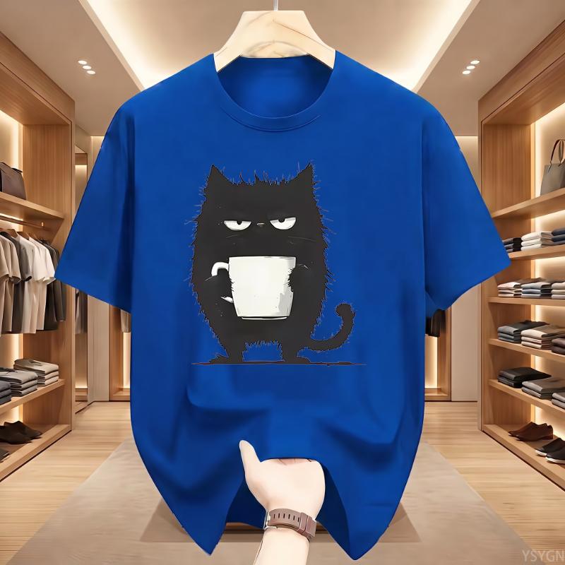 Funny Black Cat Coffee Cup Print T-Shirt Men Women Cotton Tee Cute Cat Lover Streetwear Graphic T Shirts