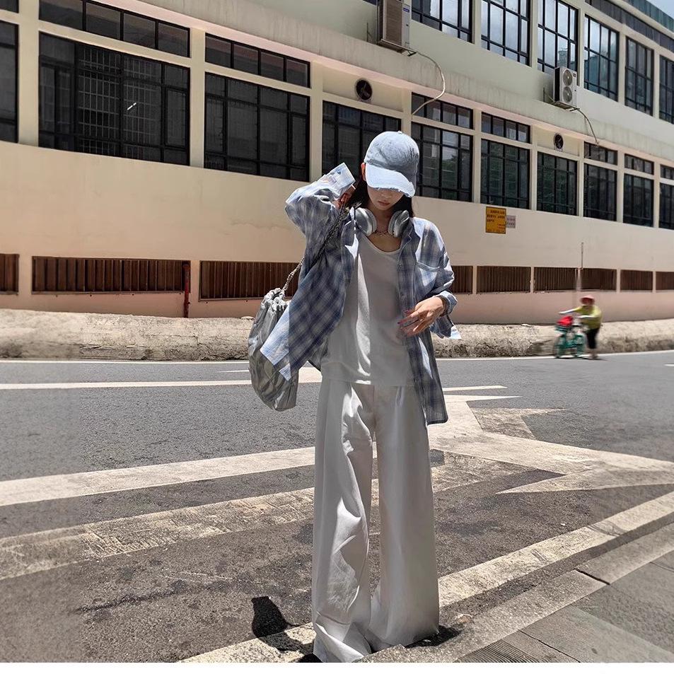 Women's Blue & White Plaid Cotton-Linen Shirt Jacket – Spring/Summer 2025, Sun Protection, Casual Style.