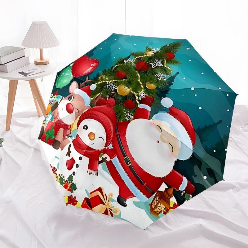 1pc Christmas Santa Claus Snowman Deer Balloons Presents Lanterns Automatic Folding Umbrella, Portable 3-Fold Design, 8 Bone Iron Frame, Outdoor Umbre