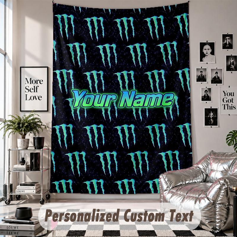 Wall Hanging Tapestry With Custom Name & Text, Monster Energy Decorative Tapestry For Bedroom