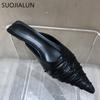 Fashion SUOJIALUN Fashion Brand Women Slipper Pointed Toe Slip On Mules Thin Low Heel Slides Shoes Pleated Design Sandal Flip Flops