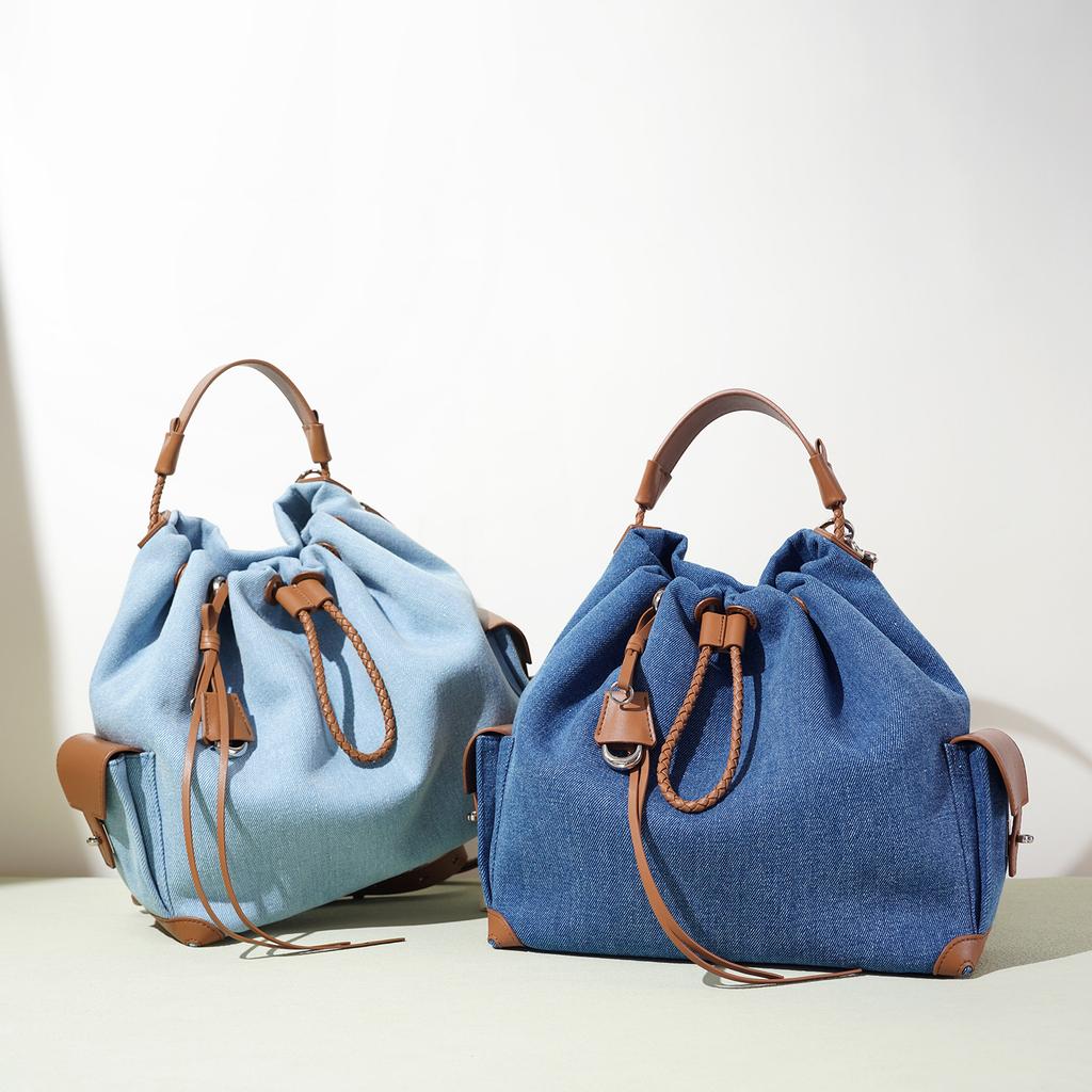 2025 Summer New Niche Design Backpack Retro Denim Drawstring Shoulder Bag Large Capacity Fashion Splicing Bag