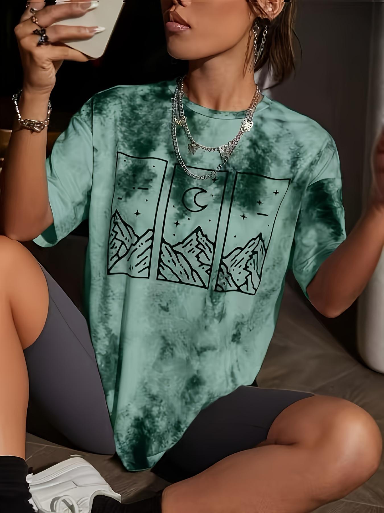 Tie-Dye Mountain Printed Women S Casual T-Shirt S зелёный
