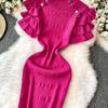 Summer Women Elegant Ruffle Metal Button Office Work Knitted Sheath Sweater Mini Dresses
